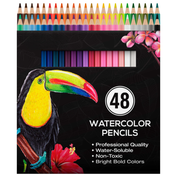 48 Piece Watercolor Artist Grade Water Soluble Colored Pencil Set, Full-Sized 7" Pencils